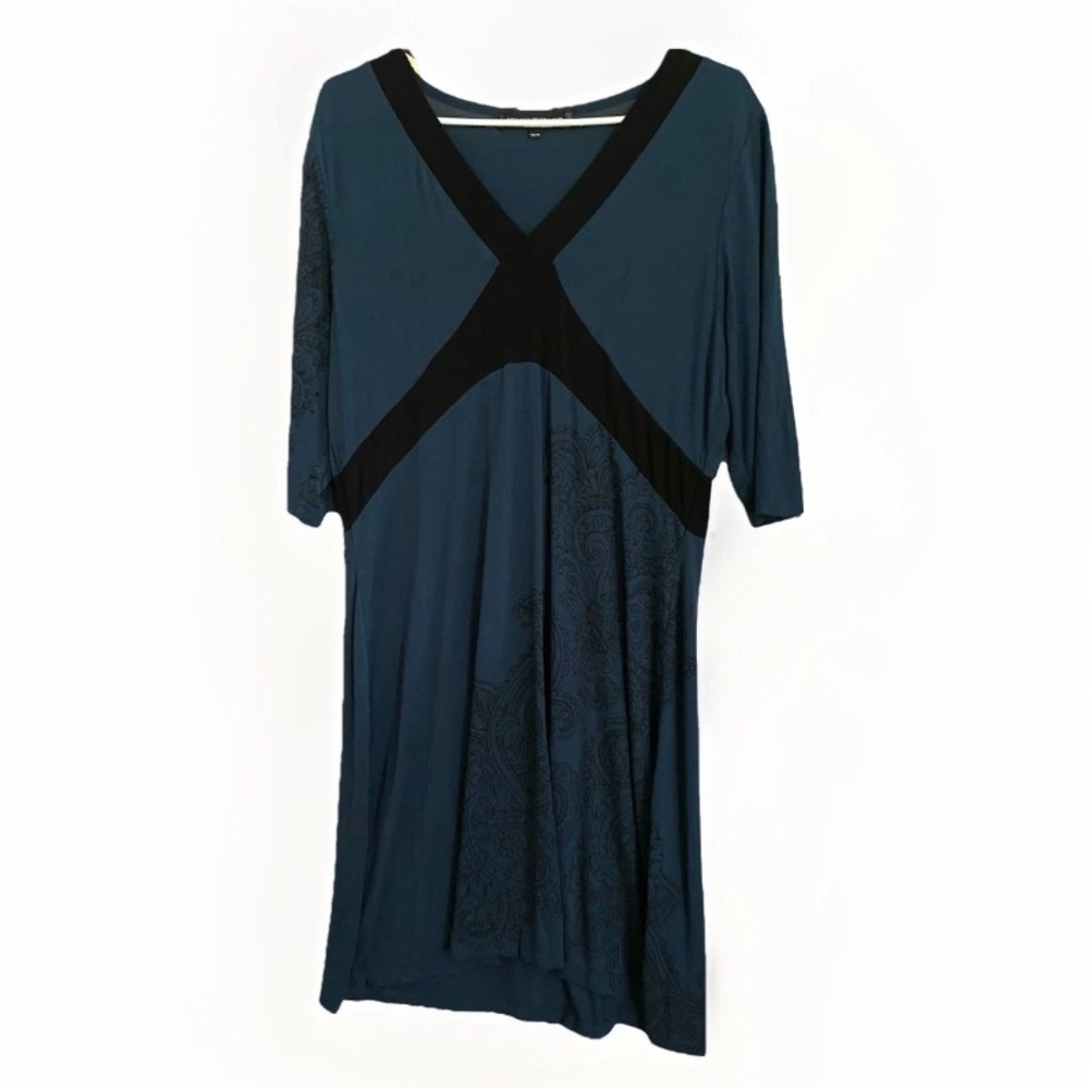 SIMONS CONTEMPORAINE‎ Blue Midi Floral Dress Black Accented V Neck Women’s Sz XL